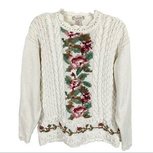 Vintage Rachel Max Floral Pom Pom Scalloped Chunky Knit Grandma Sweater Medium